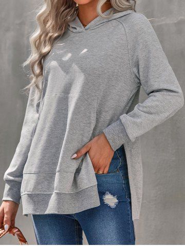 Heather Pockets Slit Long Sleeve Hoodie - LIGHT GRAY - S