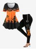 Pumpkin Castle Print Halloween Tee and Halloween Pumpkin Cat Spiders Print Leggings Plus Size Outfit -  