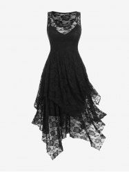 Plus Size Sheer Lace Layered Handkerchief Sleeveless Midi Dress -  