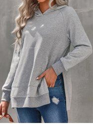 Heather Pockets Slit Long Sleeve Hoodie -  