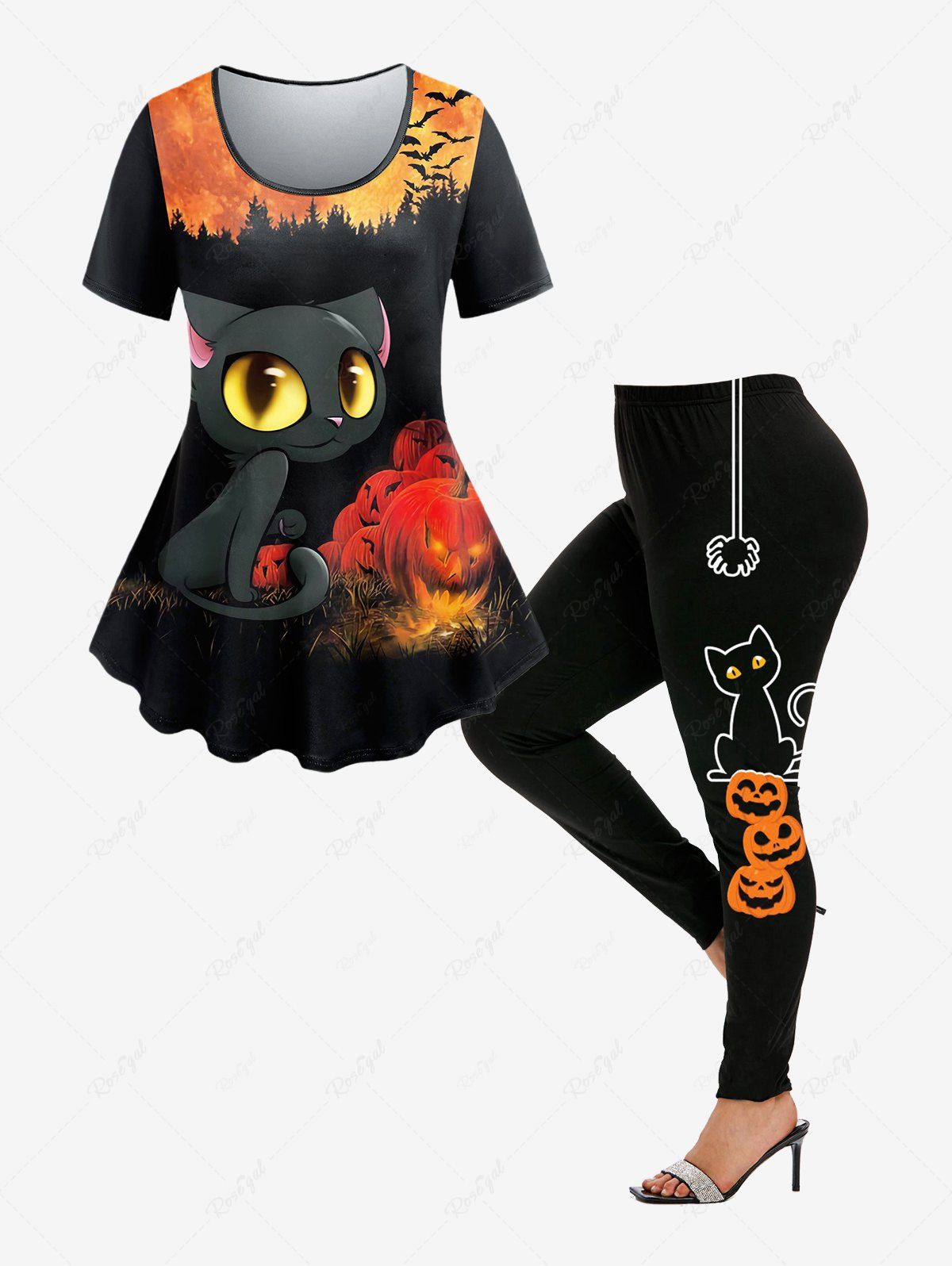 Ensemble de Legging D'Halloween et T-shirt à Imprimé Chat et Citrouille Grande Taille Noir 