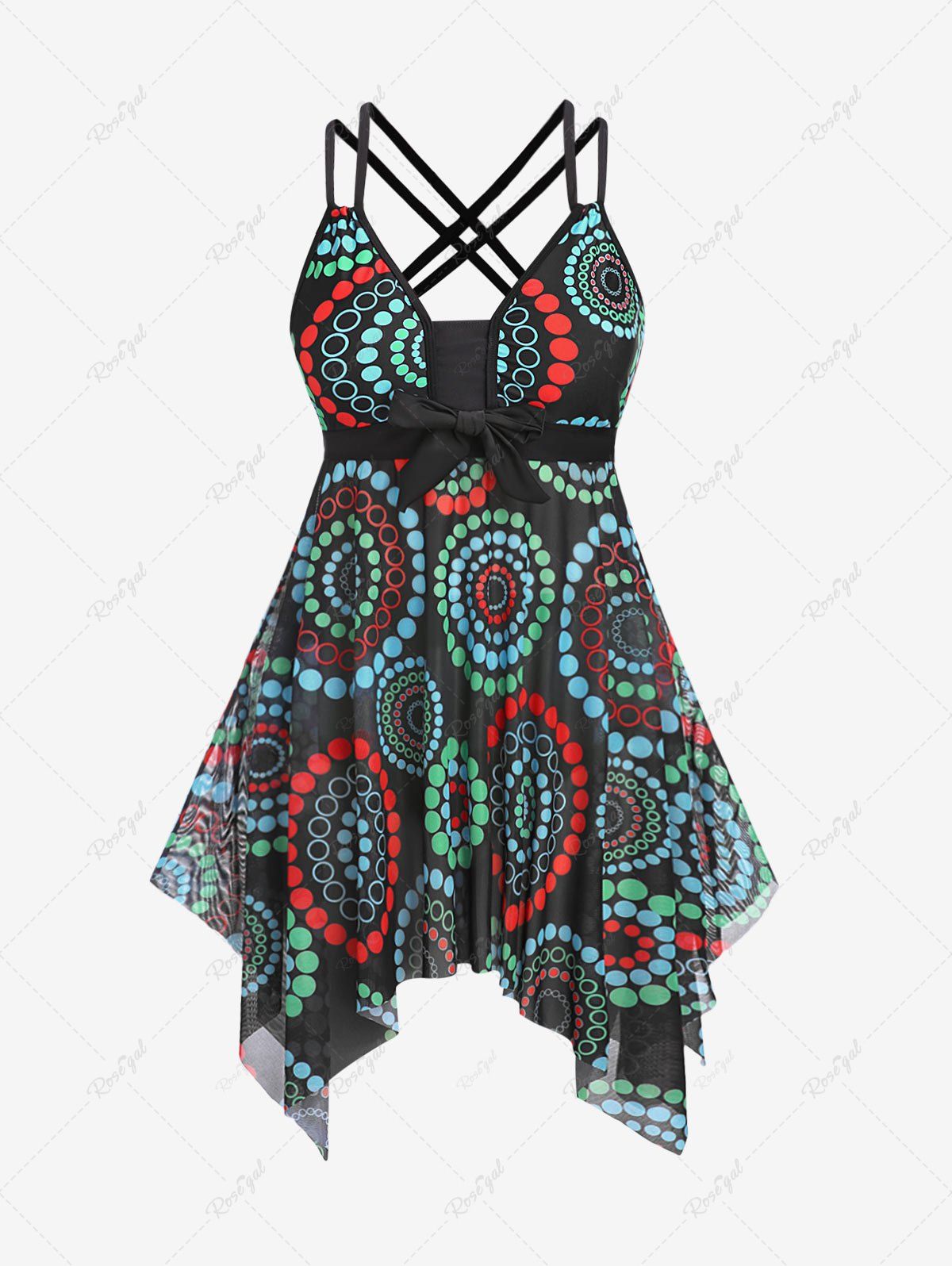 Online Plus Size Polka Dot Printed Strappy Padded Bowkont Handkerchief Tankini Top  