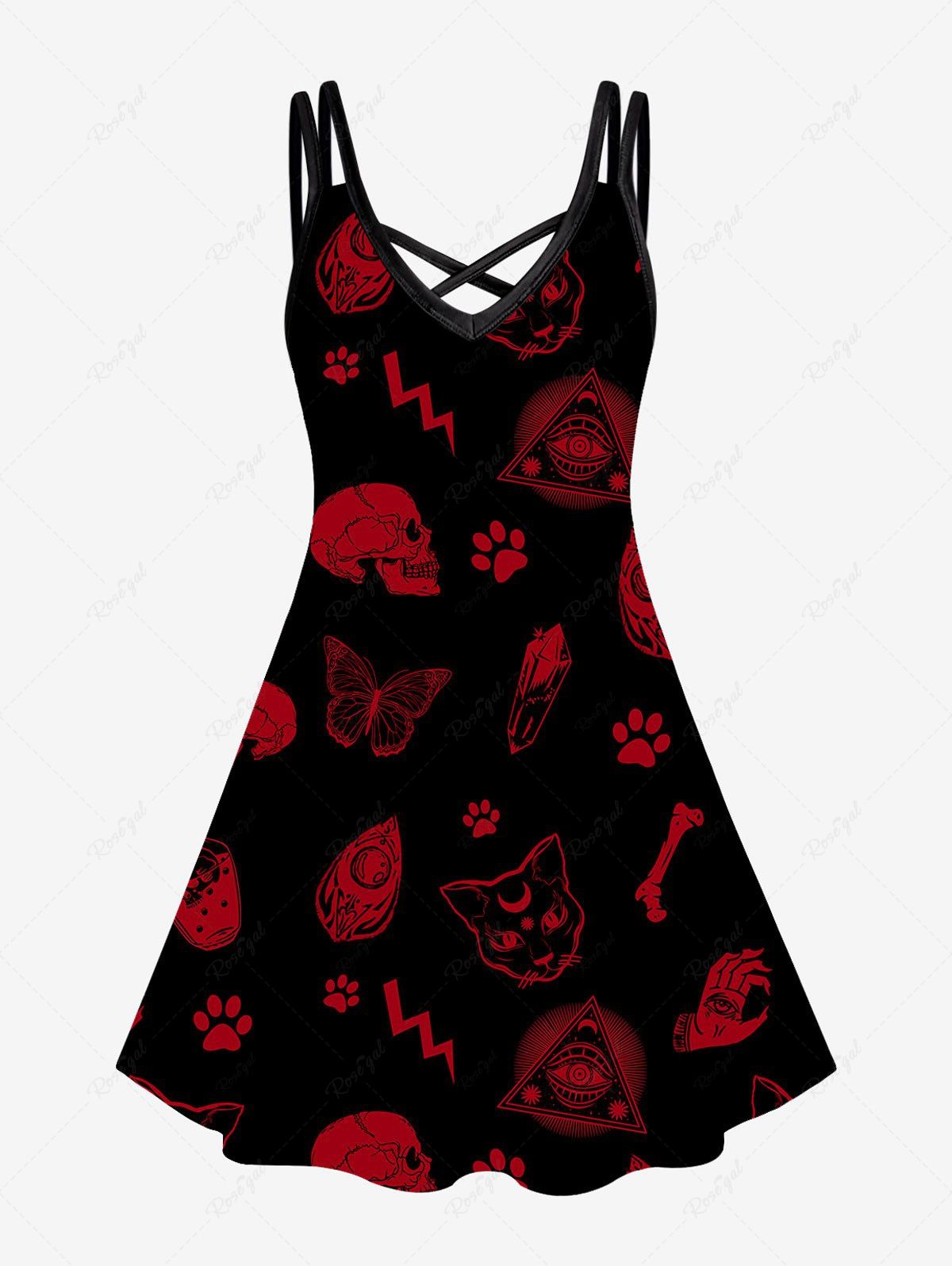 Robe Longueur à Genou Gothique Croisée Imprimée Rouge M | US 10