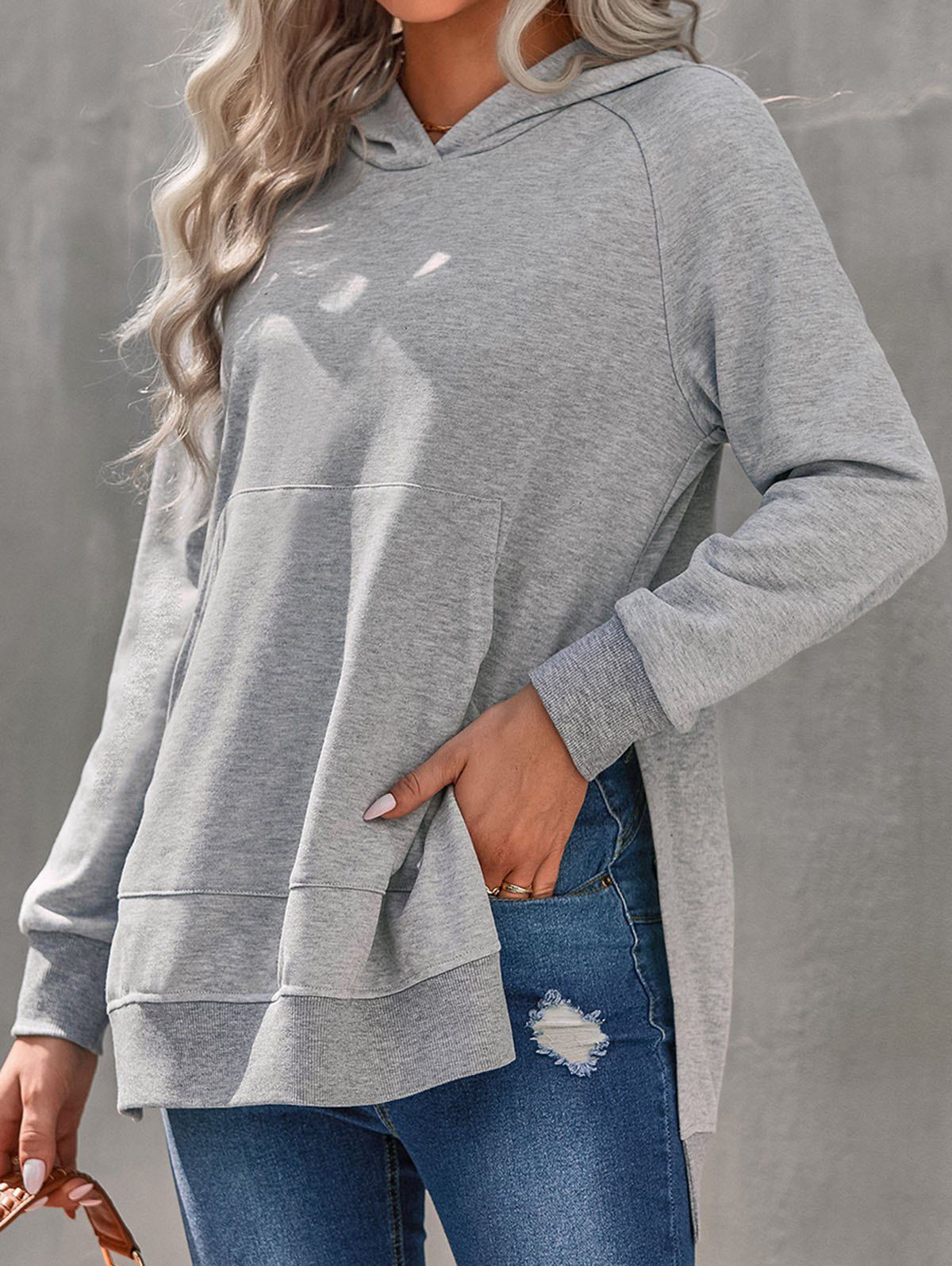 Latest Heather Pockets Slit Long Sleeve Hoodie  