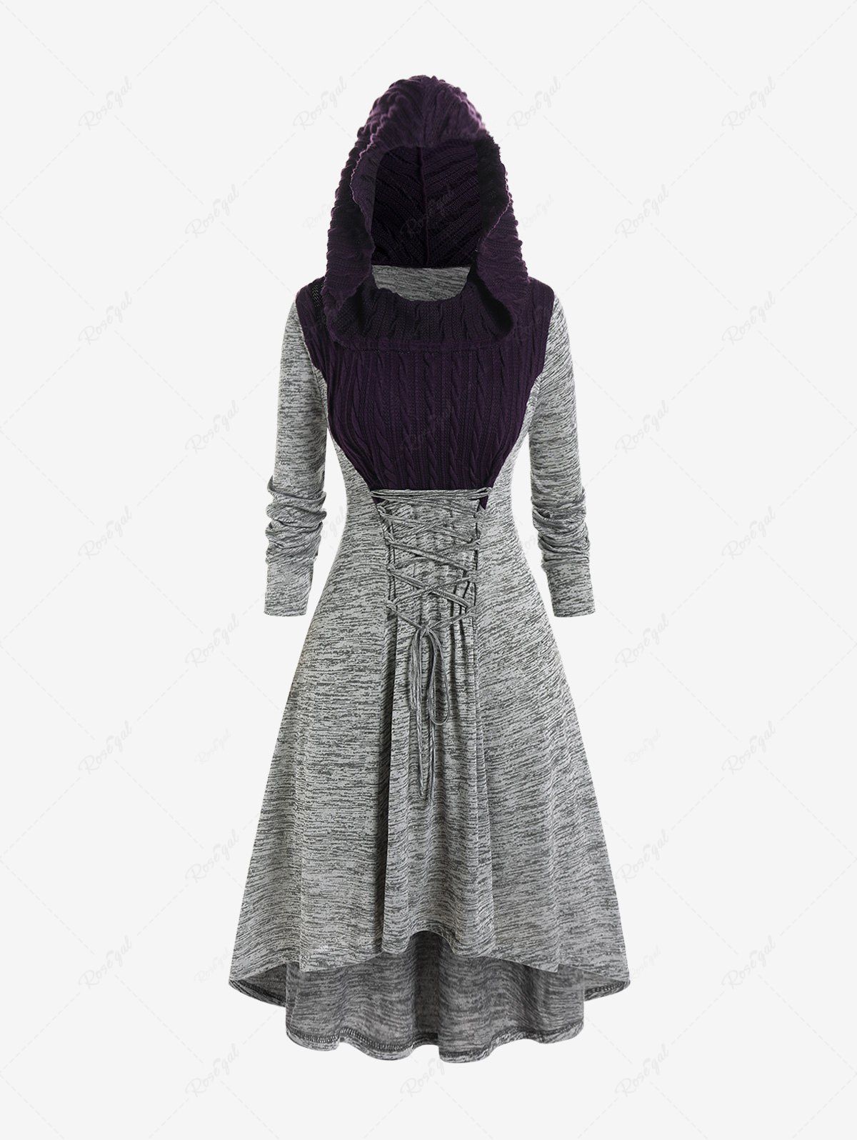 Fancy Plus Size Hooded Cable Knit Panel Lace Up High Low Midi Dress  