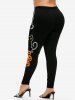 Ensemble de Legging D'Halloween et T-shirt à Imprimé Chat et Citrouille Grande Taille - Noir 