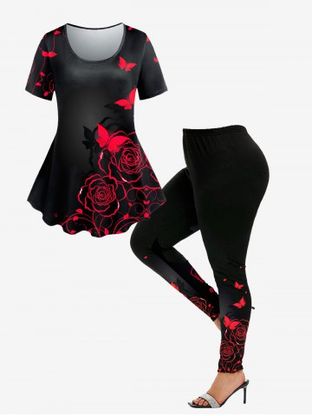 Ensemble de T-Shirt Papillon et de Legging Rose Imprimés de Grande Taille Assortis