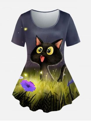 Plus Size 3D Cat Butterfly Flower Printed Short Sleeves Tee