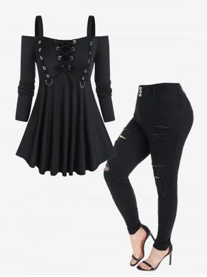 Open Shoulder Grommets Lace Up Top and Ripped Jeans Gothic Outfit
