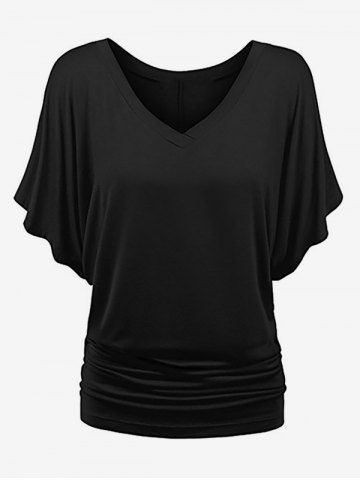 Plus Size Batwing Sleeves Solid V Neck Tee - BLACK - XL