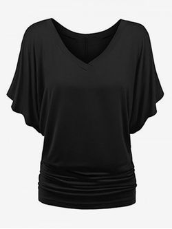 Plus Size Batwing Sleeves Solid V Neck Tee - BLACK - XL
