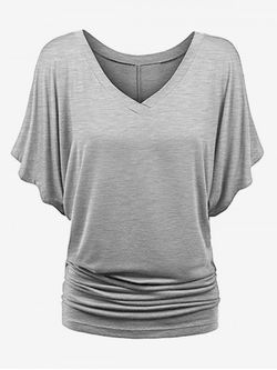 Plus Size Batwing Sleeves Solid V Neck Tee - LIGHT GRAY - XL