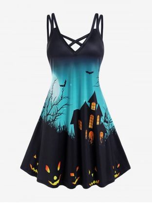 Plus Size Halloween Pumpkin Bats Printed Crisscross A Line Sleeveless Dress
