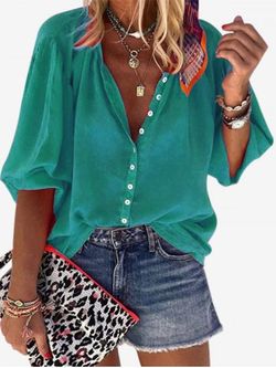 Plus Size V Neck Button Up Top - GREEN - 5XL