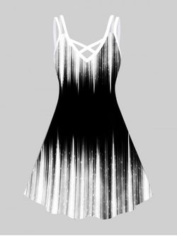 Plus Size Monochrome Colorblock Stripes A Line Dress - BLACK - 5X | US 30-32