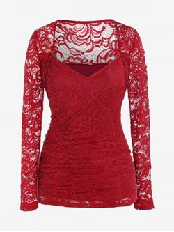 Plus Size Lace Panel Sweetheart Neck Tee - DEEP RED - 2X | US 18-20