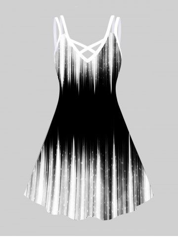 Plus Size Monochrome Colorblock Stripes A Line Dress