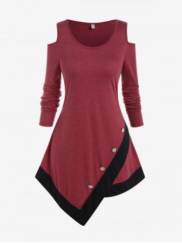 Plus Size Colorblock Cold Shoulder Asymmetric T-shirt - DEEP RED - 1X | US 14-16