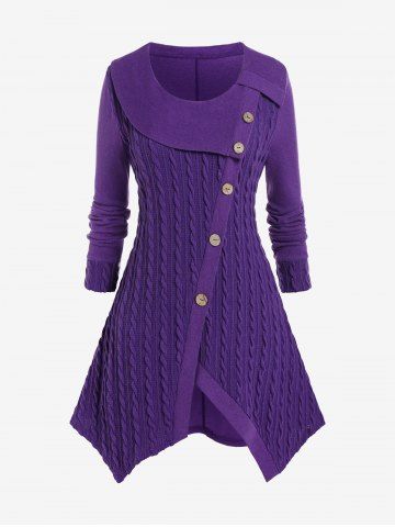 Plus Size Asymmetric Mock Buttons Cable Knit Sweater - CONCORD - S | US 8