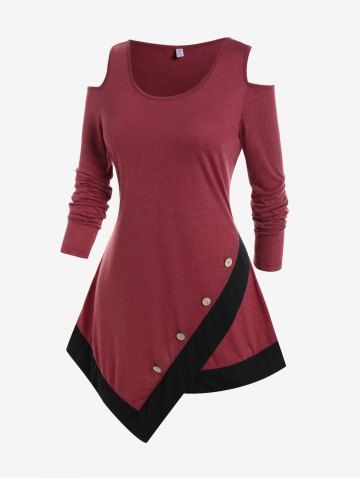 Plus Size Colorblock Cold Shoulder Asymmetric T-shirt