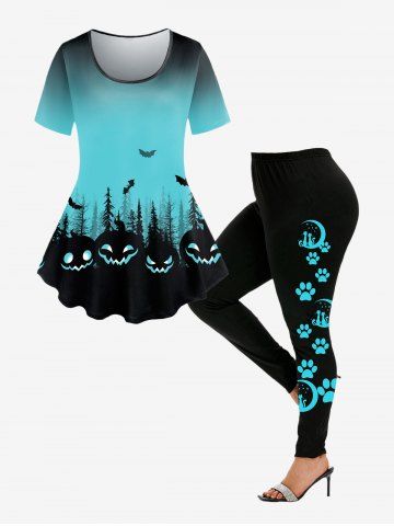 Gothic Pumpkin Bat T-shirt and Cat Paw Print Skinny Leggings Outfit