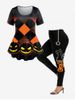 Halloween Pumpkin Geometry Print T-shirt and Pumpkin Cat Spiders Print Leggings -  