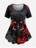 Plus Size Short Sleeve Butterfly Rose Print T-shirt -  