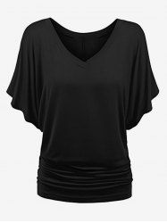 Plus Size Batwing Sleeves Solid V Neck Tee -  
