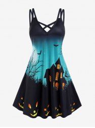 Plus Size Halloween Pumpkin Bats Printed Crisscross A Line Sleeveless Dress -  