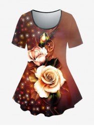 Plus Size Rose Printed Ombre Short Sleeves Tee -  