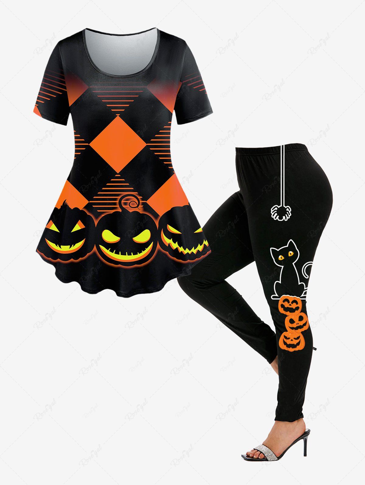 Shops Halloween Pumpkin Geometry Print T-shirt and Pumpkin Cat Spiders Print Leggings  