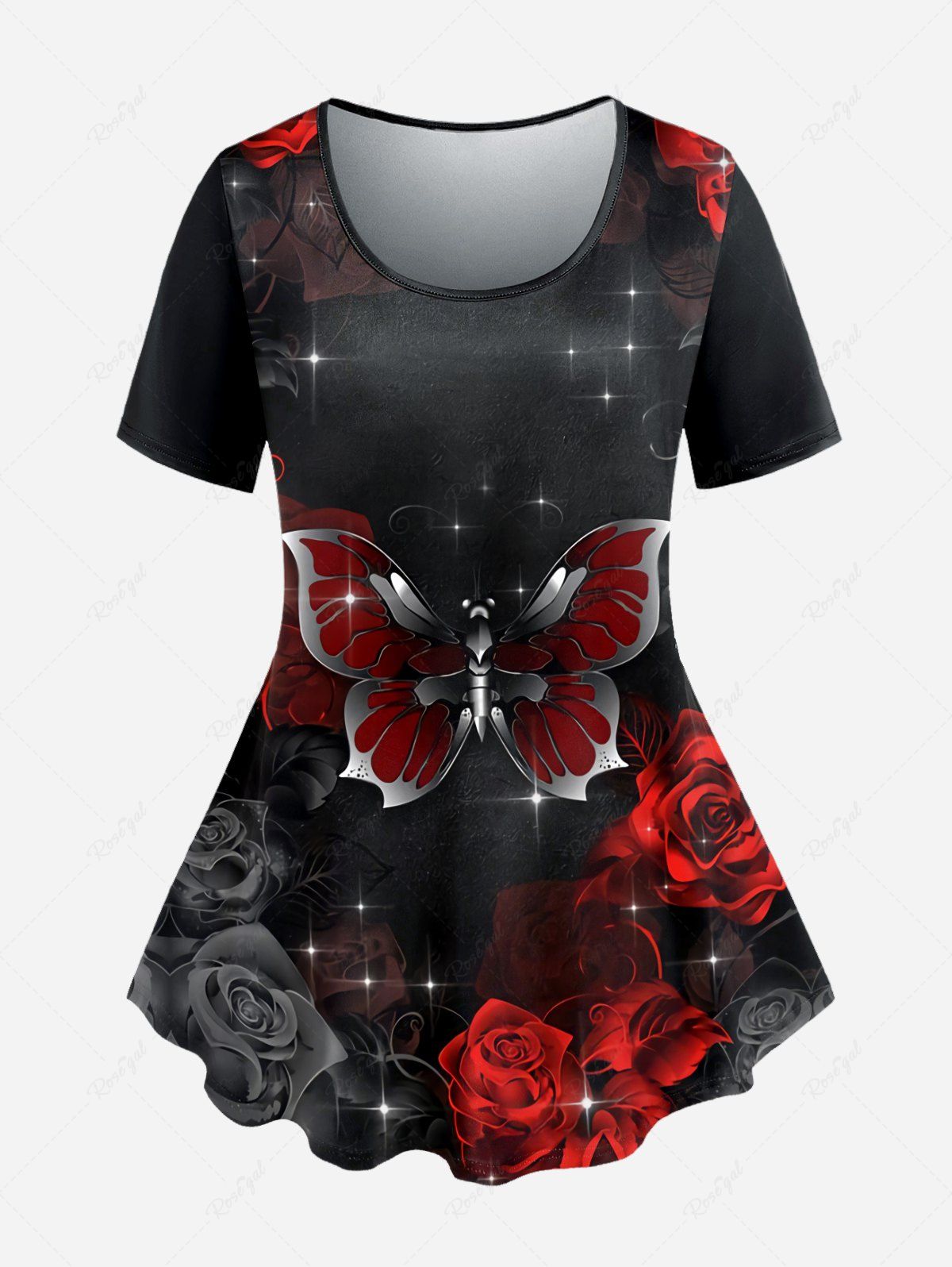Cheap Plus Size Short Sleeve Butterfly Rose Print T-shirt  