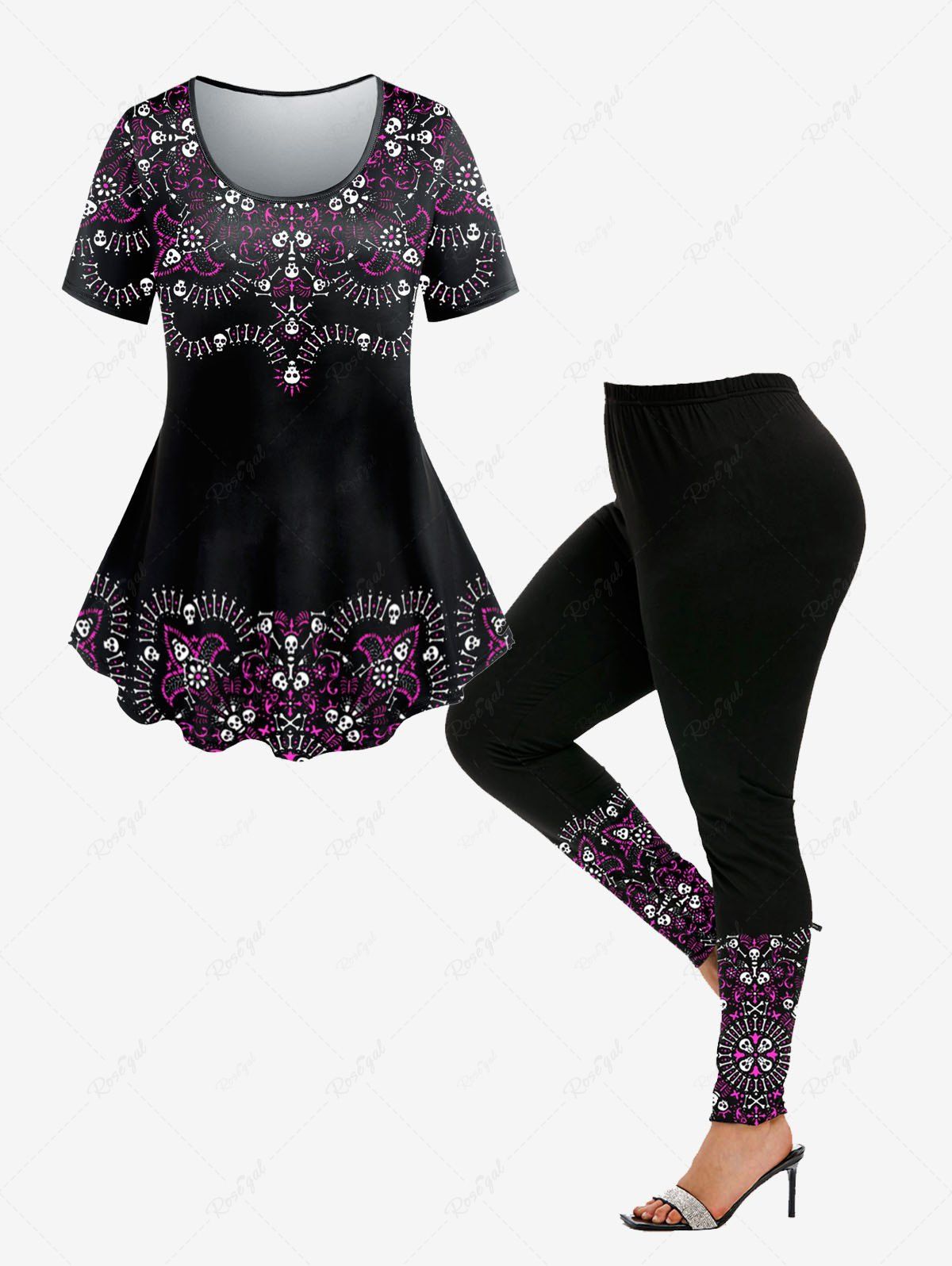 Latest Gothic Skull Skeleton Print T-shirt and High Rise Skull Print Skinny Leggings Plus Size Outfit  