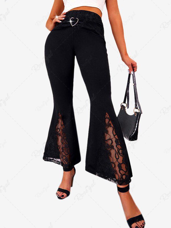 Discount Plus Size High Waist Heart Ring Lace Panel Bell Bottom Pants  