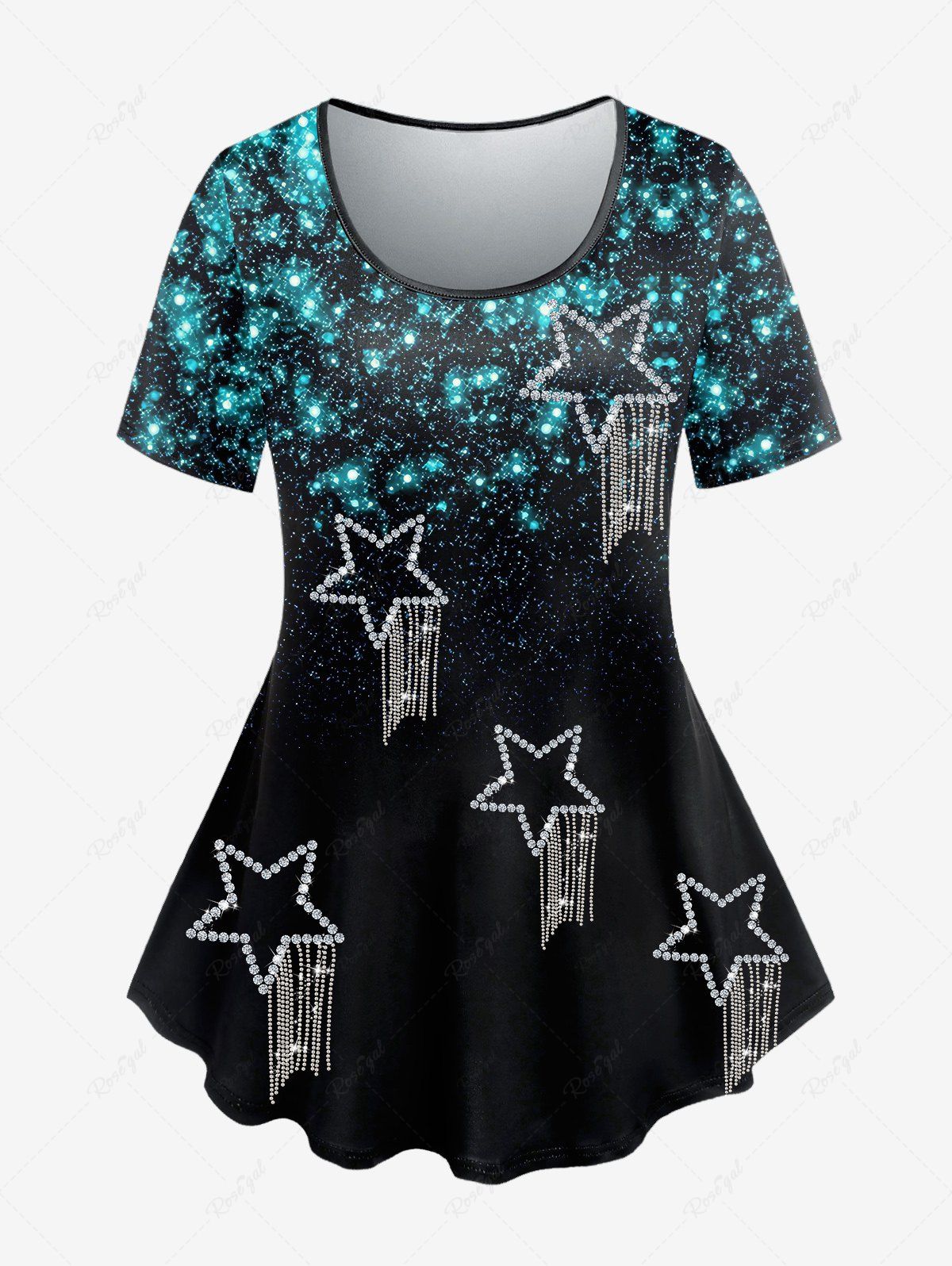 Chic Plus Size 3D Glitter Sparkles Star Printed Short Sleeves Tee  