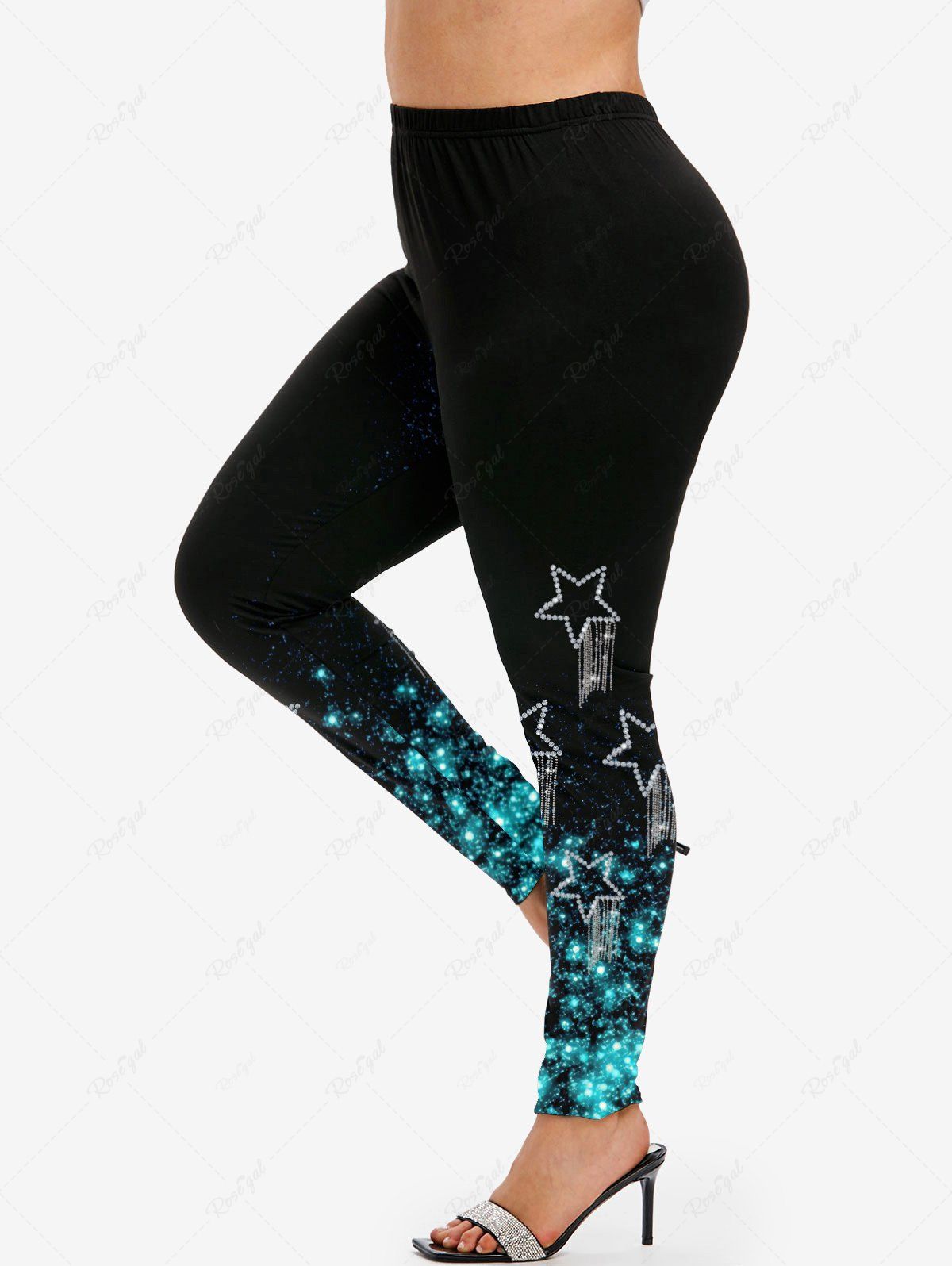 Latest Plus Size 3D Glitter Sparkles Star Printed Skinny Leggings  
