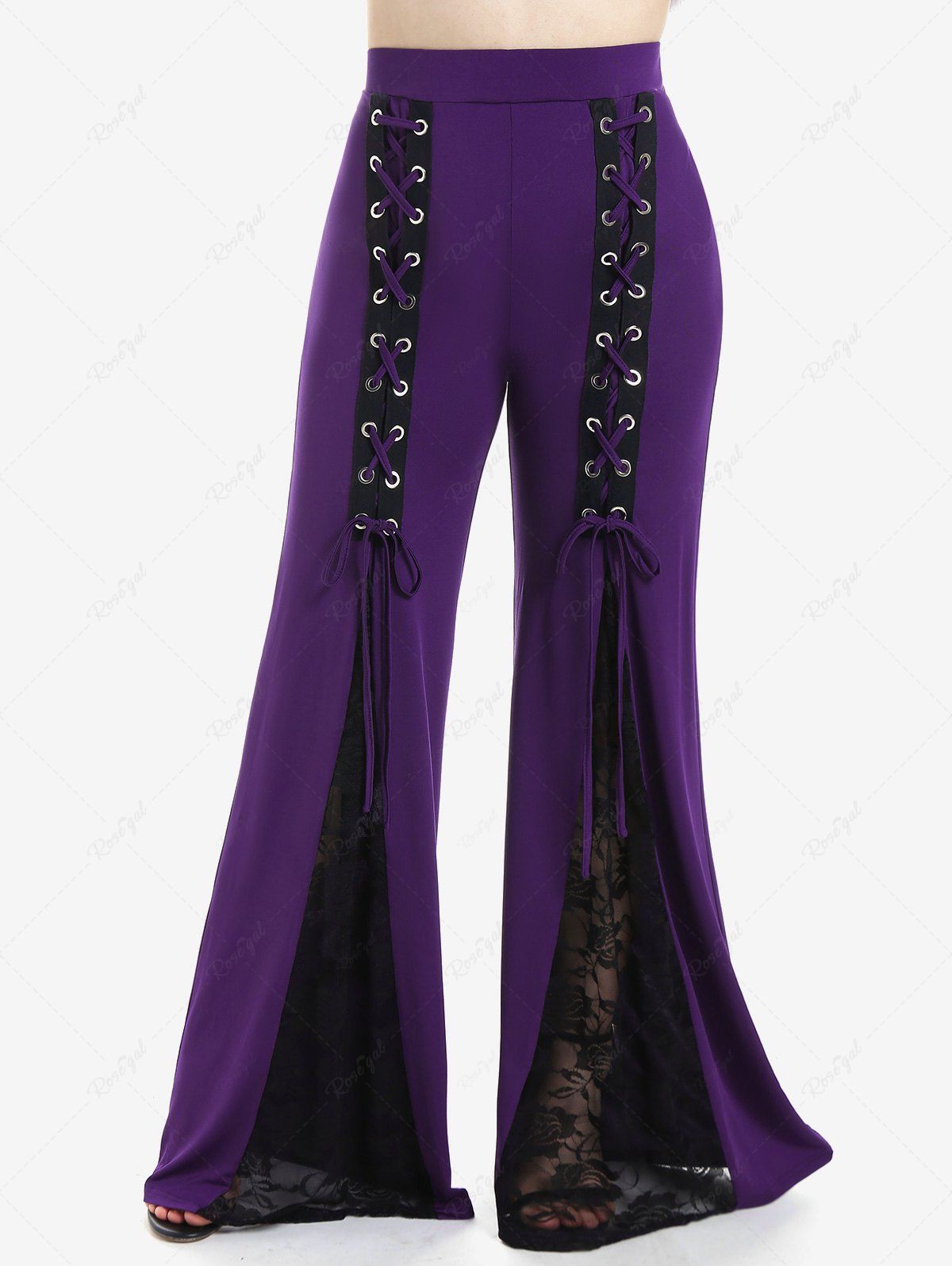 Latest Plus Size High Waist Lace-up Sheer Lace Bell Bottom Pants  