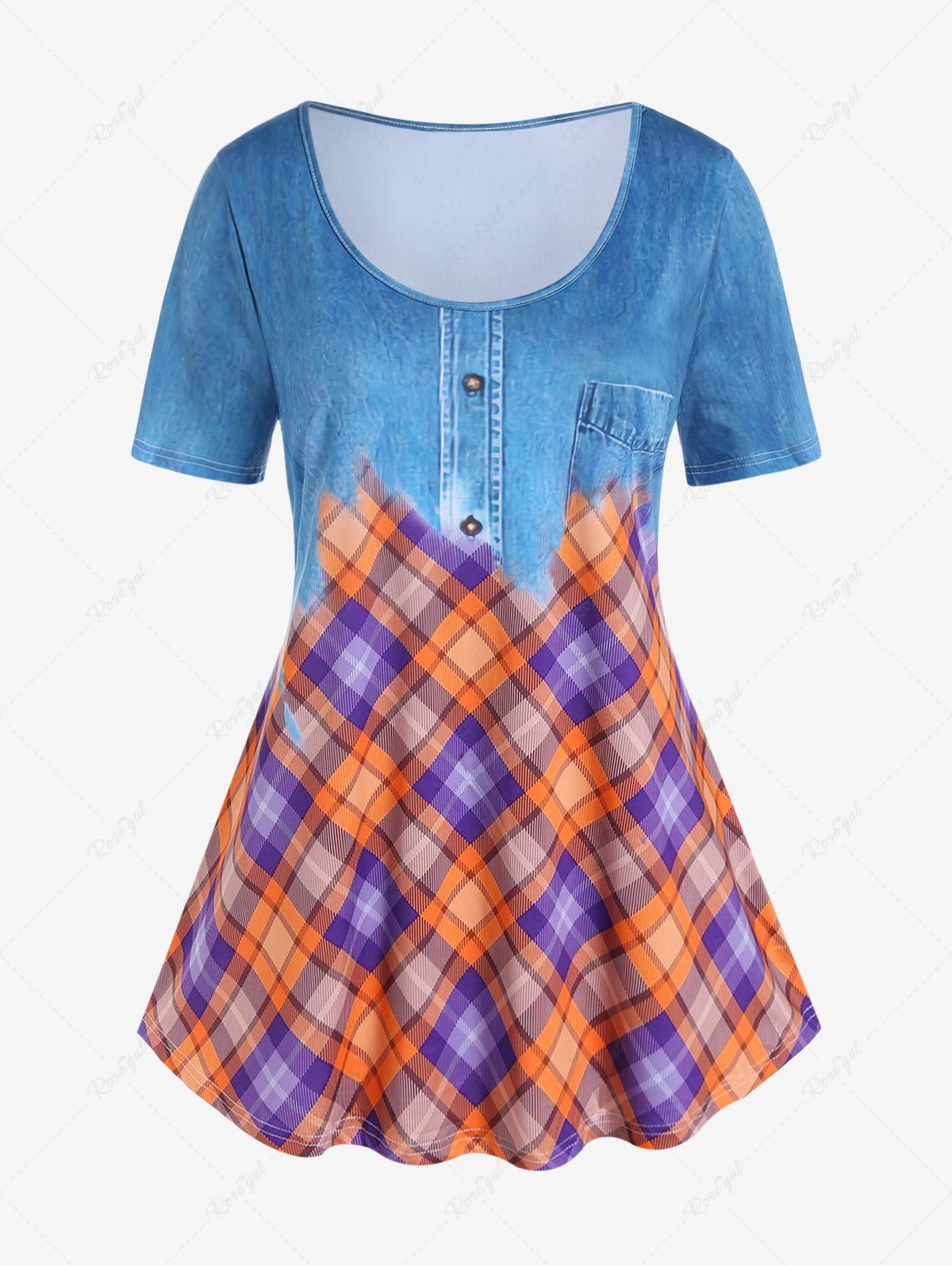 Outfits Plus Size 3D Jeans Printed Plaid Short Sleeves Tee  