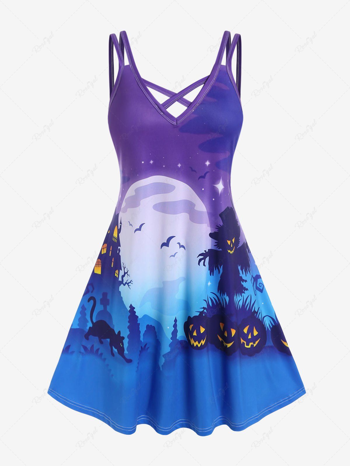 Outfit Plus Size Halloween Pumpkin Bats Cat Printed Crisscross A Line Dress  