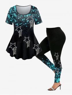3D Glitter Sparkles Star Printed Tee and 3D Glitter Sparkles Star Leggings Plus Size Outfit - BLACK
