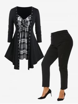 Plus Size Plaid Grommets 2 in 1 Tee and High Rise Ripped Jeans Outfit - BLACK