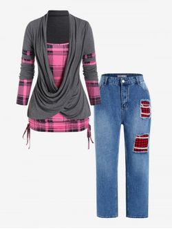 Plus Size Plaid Crossover Cinched 2 in 1 Tee and Ripped Mom Jeans Outfit - GRAY