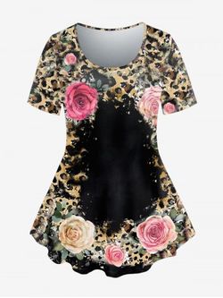 Plus Size Short Sleeve Leopard Rose Print T-shirt - BLACK - 1X | US 14-16
