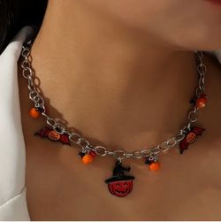 Halloween Pumpkin Bat Pendant Choker Necklace - MULTI
