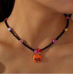 Halloween Beaded Pumpkin Pendant Choker Necklace - MULTI