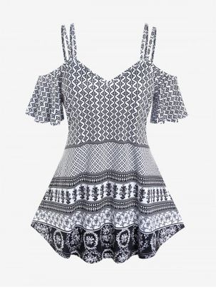 Plus Size Cold Shoulder Geometry Tribal Print Tee
