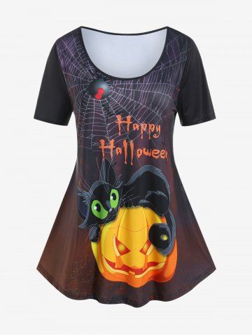 Plus Size Halloween Spider Web Cat Pumpkin Letters Printed Graphic T-shirt - YELLOW - 4X | US 26-28