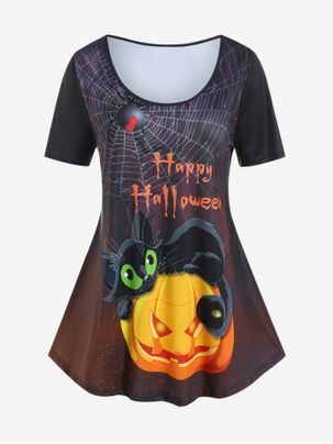 Plus Size Halloween Spider Web Cat Pumpkin Letters Printed Graphic T-shirt