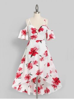 Floral Cold Shoulder High Low Plus Size Dress - MULTI - 1X