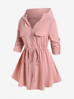 Plus Size Hooded Zipper Drawstring Waisted Roll Tab Sleeves Solid Coat - LIGHT PINK - 4X | US 26-28